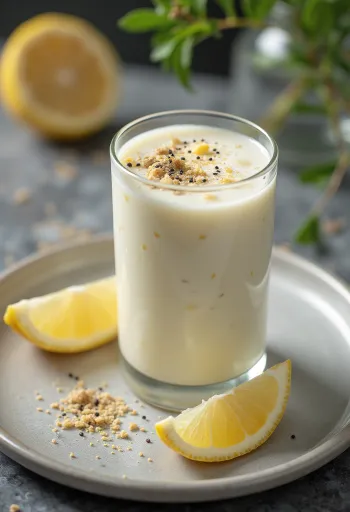 Probiotyczny kefir imbirowo-pieprzowy podawany w szklance, obok tarty imbir i czarny pieprz