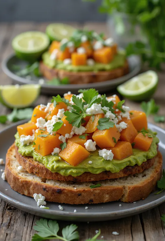 Tostada z batatami, awokado i serem feta, udekorowana świeżą kolendrą