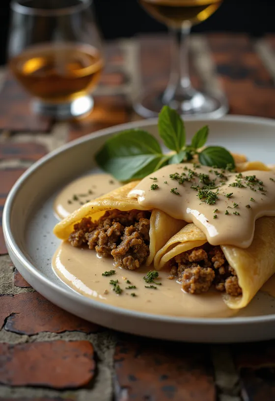 Haggis w naleśnikach, udekorowany świeżą natką pietruszki