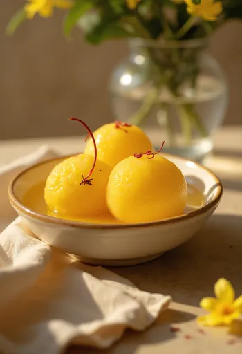 Rasgulla z kamalabhogiem, podawana z syropem z wody różanej