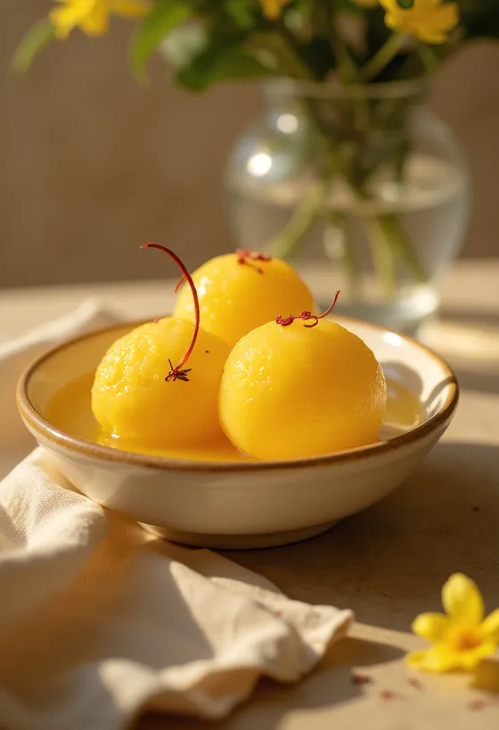 Rasgulla z kamalabhogiem, podawana z syropem z wody różanej