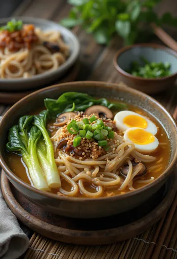 Udon-style Ramen podany z grubym makaronem i jajkiem