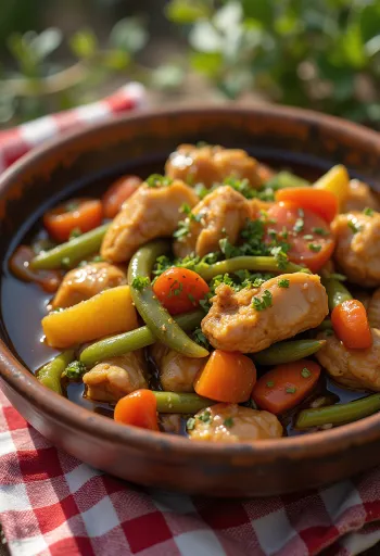 Adobo z gulaszem warzywnym, udekorowane świeżą kolendrą