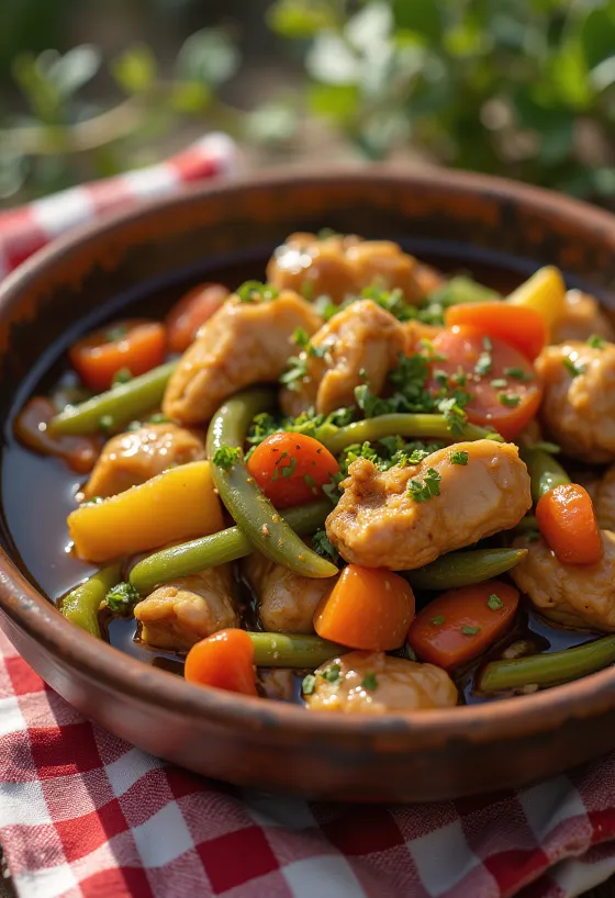 Adobo z gulaszem warzywnym, udekorowane świeżą kolendrą