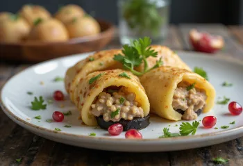 Badrijani z pastą orzechową, podane z grillowanym bakłażanem i świeżą kolendrą
