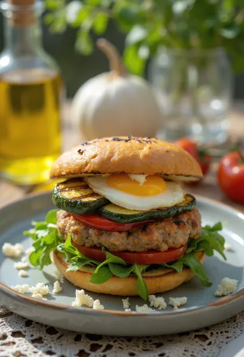 Burger z Grillowanymi Warzywami podany na talerzu