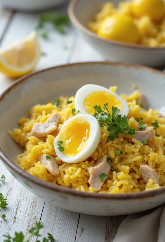 Klasyczne Kedgeree z wędzoną makrelą, kombinacja jajek i ryżu