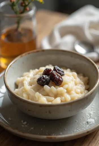 Pudding ryżowy z rodzynkami podawany ze świeżą miętą i słodkim cukrem
