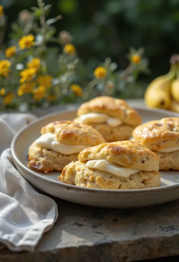 Scones z kremem orzechowym i bananem na stole