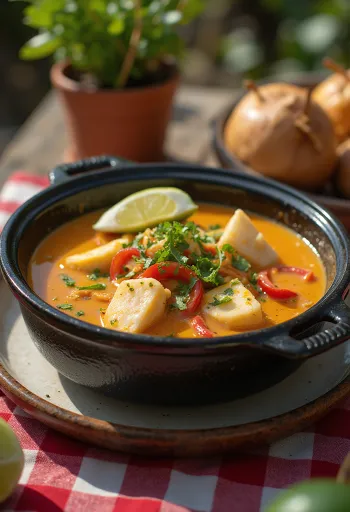 Moqueca Baiana, bogate danie rybne z mlekiem kokosowym podane ze świeżą kolendrą