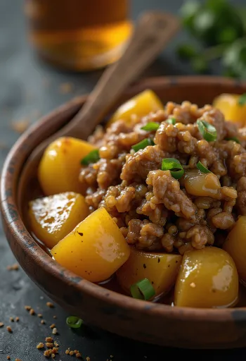 Adobo z ziemniakami, pikantne mięso i chrupiące ziemniaki podane na talerzu