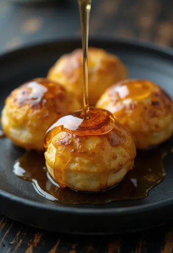 Æbleskiver z syropem klonowym, świeże wypieki, złocistobrązowe, podane z syropem klonowym