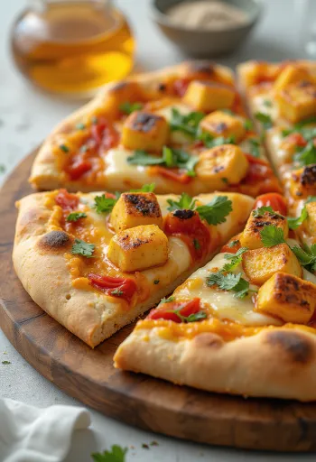 Paneer tikka pizza z sosem jogurtowym i warzywami