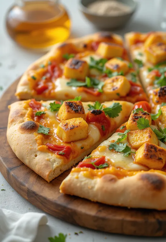 Paneer tikka pizza z sosem jogurtowym i warzywami
