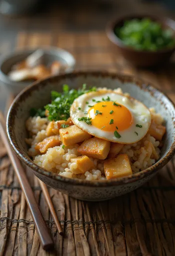 Oyakodon z tofu na ryżu, udekorowane jajkiem i dymką