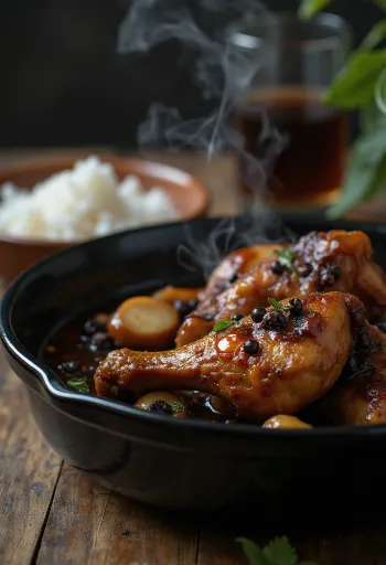 Adobo z kurczaka, gotowane w sosie sojowym, podawane obok ryżu