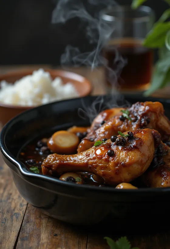 Adobo z kurczaka, gotowane w sosie sojowym, podawane obok ryżu