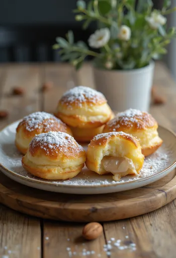 Æbleskiver z nadzieniem migdałowym, posypane cukrem pudrem, podane w misce