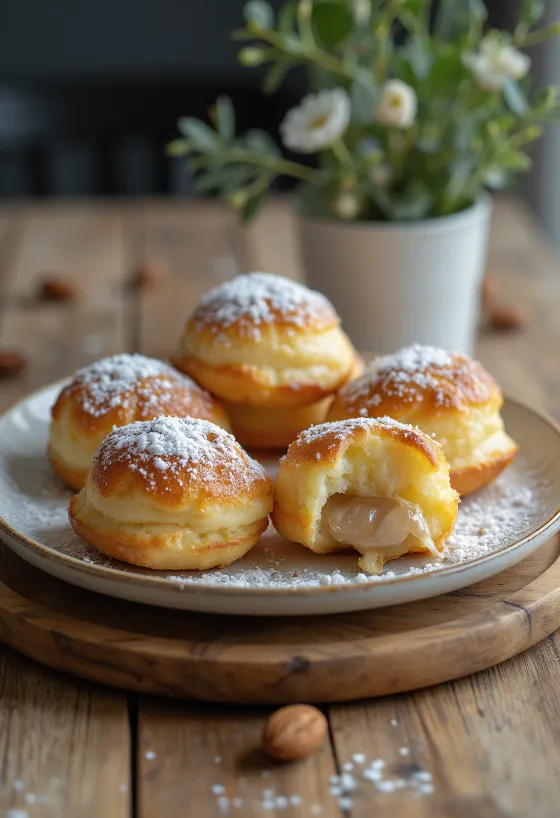 Æbleskiver z nadzieniem migdałowym, posypane cukrem pudrem, podane w misce