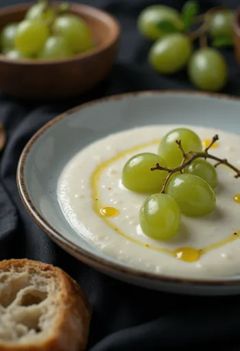 Ajo blanco z oliwą z oliwek, udekorowane świeżymi winogronami.