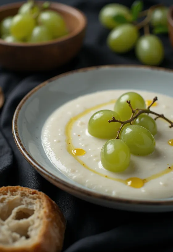 Ajo blanco z oliwą z oliwek, udekorowane świeżymi winogronami.