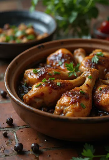 Adobo z mięsem, podawane w sosie sojowym i sosie z białego wina, udekorowane świeżymi ziołami