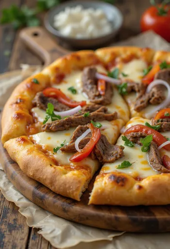 Pizza Philly cheesesteak z plastrami steku i papryką
