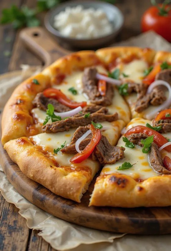 Pizza Philly cheesesteak z plastrami steku i papryką
