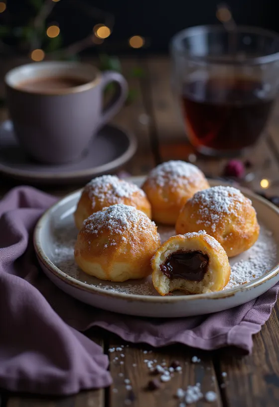Świeżo upieczone æbleskiver podawane z kremem czekoladowym i cukrem pudrem