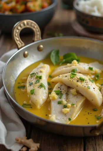 Doi ilish z imbirem, podane w sosie jogurtowym w głębokiej misce