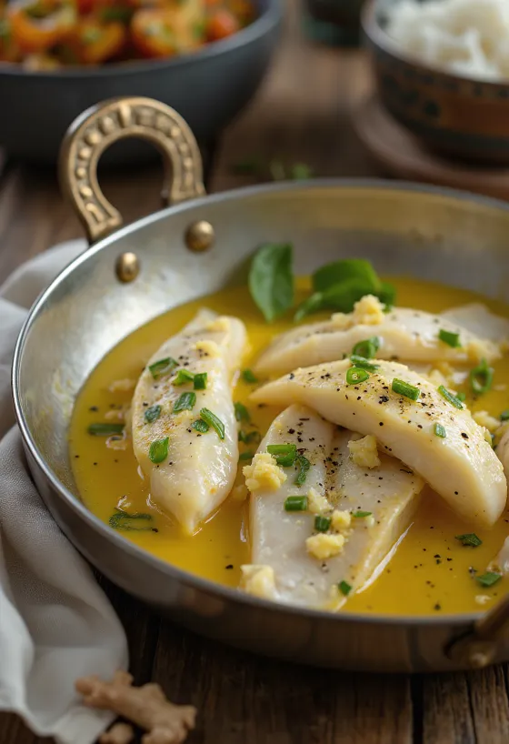 Doi ilish z imbirem, podane w sosie jogurtowym w głębokiej misce
