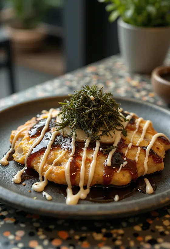 Japońskie naleśniki Okonomiyaki podane na talerzu