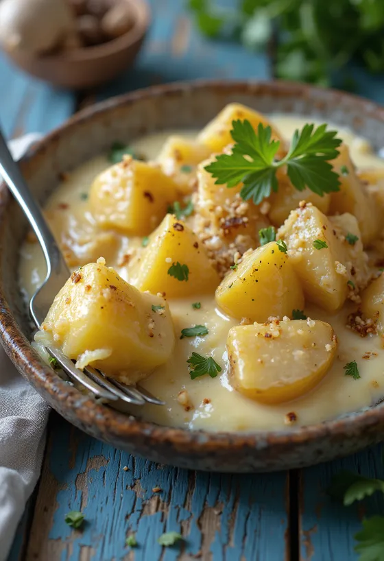 Papas chorreadas z mlekiem kokosowym, podawane z kremowymi ziemniakami i świeżą kolendrą