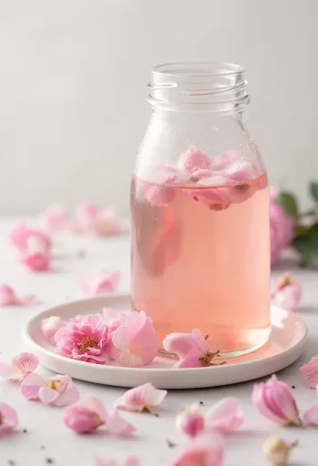 Probiotyczna kombucha różana w szklance, lekko musujący różowy napój