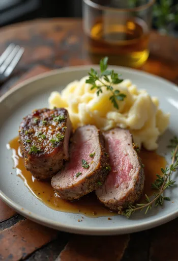 Pieczony udziec jagnięcy podany z puree ziemniaczanym