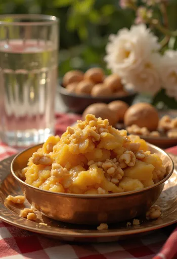 Aate ka Halwa o bogatych korzennych smakach, z prażonymi orzechami i wodą różaną.