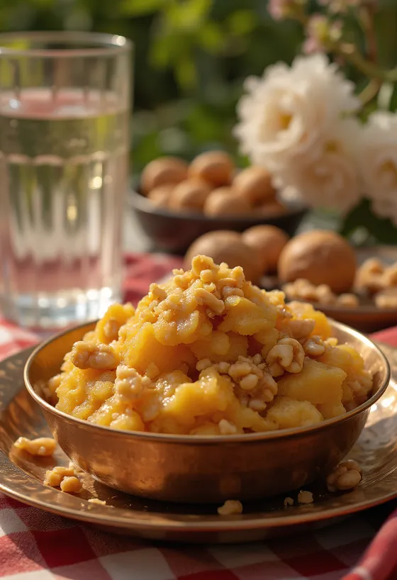 Aate ka Halwa o bogatych korzennych smakach, z prażonymi orzechami i wodą różaną.