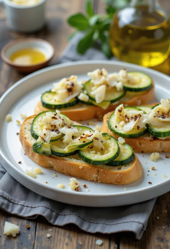 Bruschetta z cukinią, udekorowana parmezanem i bazylią