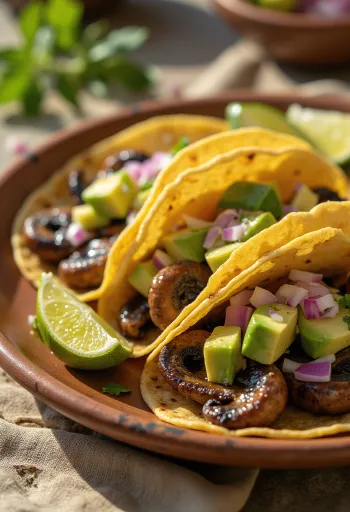 Taco z Grzybami ze smażonymi pikantnymi grzybami, kolendrą i świeżymi warzywami