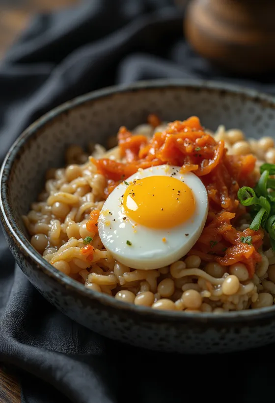 Natto z kimchi, podawane z jajkiem na miękko i świeżą kolendrą