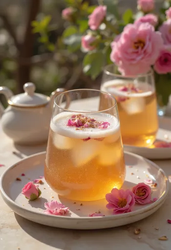 Kombucha z wodą różaną podawana w szklankach, z delikatną dekoracją z płatków róż