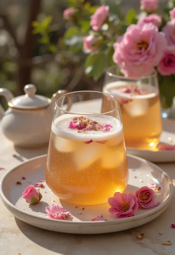 Kombucha z wodą różaną podawana w szklankach, z delikatną dekoracją z płatków róż