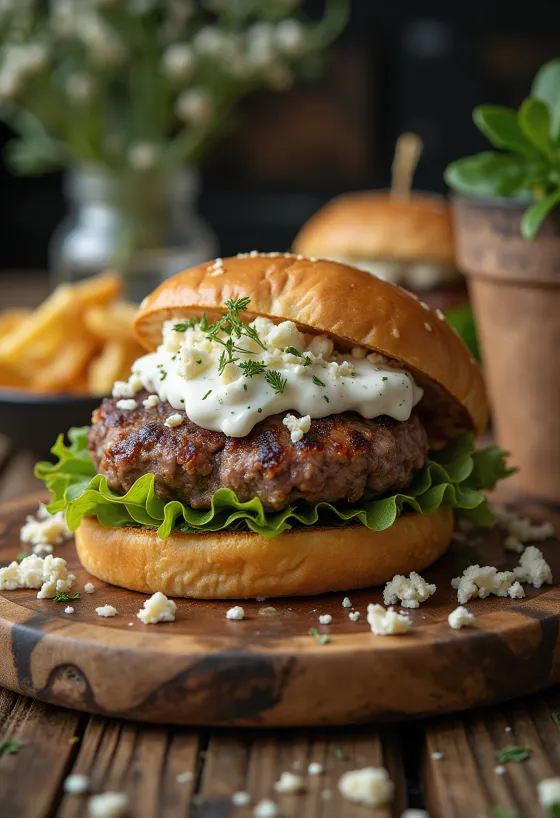 Burger jagnięcy z grillowaną jagnięciną i serem feta