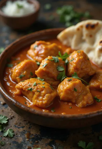 Kurczak tikka masala w kremowym sosie pomidorowym, udekorowany świeżą kolendrą