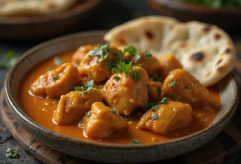 Kurczak tikka masala w kremowym sosie pomidorowym, udekorowany świeżą kolendrą