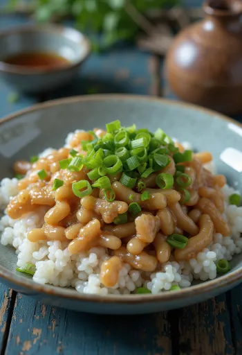 Natto z dymką, podawane z sosem sojowym i kolendrą
