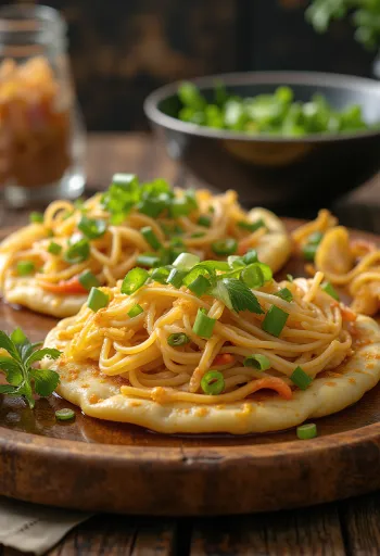 Pancit pancake podany, filipiński słony naleśnik z makaronem i warzywami