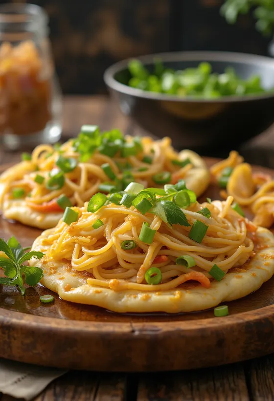 Pancit pancake podany, filipiński słony naleśnik z makaronem i warzywami