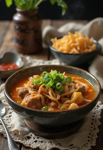 Yukgaejang ze smażonym ryżem, podawana z wołowiną, chili i kolendrą