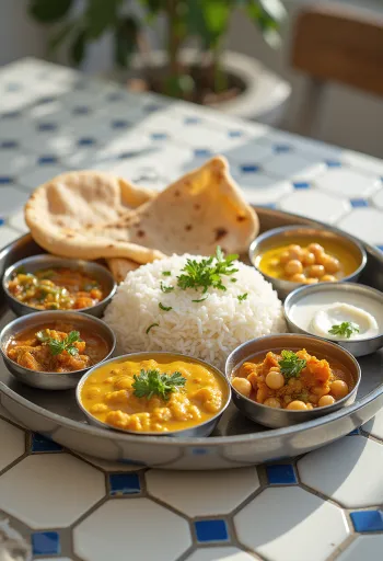 Posiłek Thali z różnymi potrawami, takimi jak ryż basmati, curry z ciecierzycy, warzywa, papad i chutney miętowy